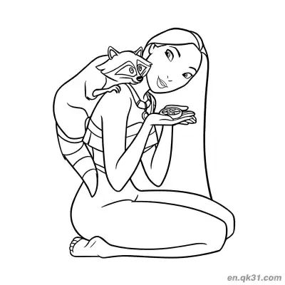 Free printable Pocahontas with Meeko Raccoon coloring page