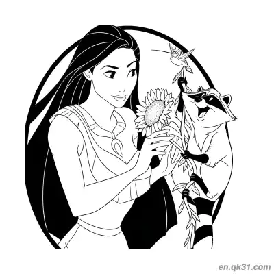 Free printable Pocahontas with Meeko and Flit coloring page