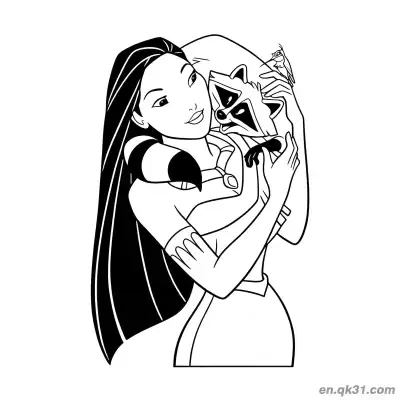 Free printable Pocahontas Embracing Meeko and Flit coloring page
