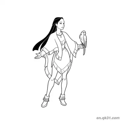 Free printable Pocahontas with Colorful Parrot coloring page