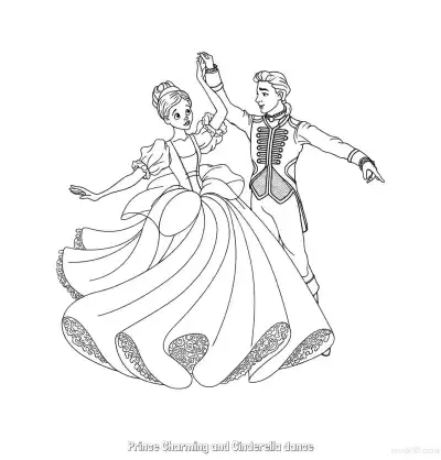 Free printable Prince Charming and Cinderella Dancing in Elegant Spin Coloring Page coloring page