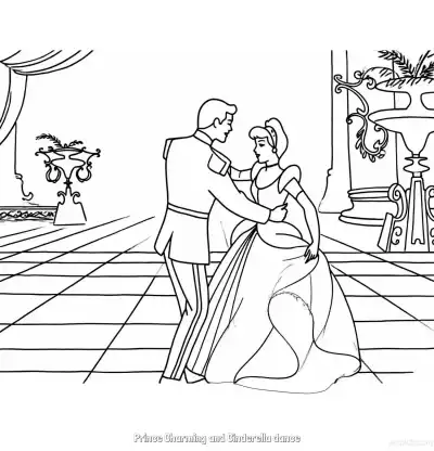Free printable Prince Charming and Cinderella Dancing in Grand Hall Coloring Page coloring page