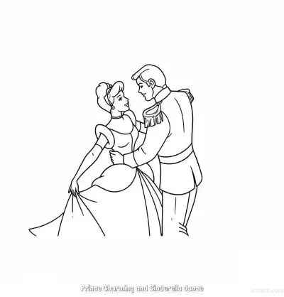 Free printable Prince Charming and Cinderella Dancing Indoors Coloring Page coloring page