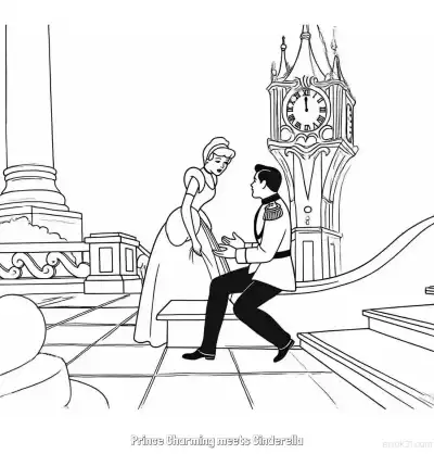 Free printable Prince Charming Meeting Cinderella by Clock Tower Coloring Page coloring page