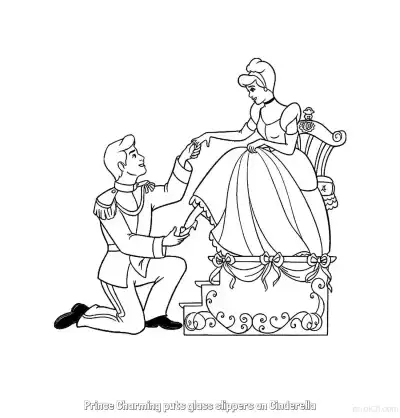Free printable Prince Charming Putting Glass Slipper on Cinderella Coloring Page coloring page