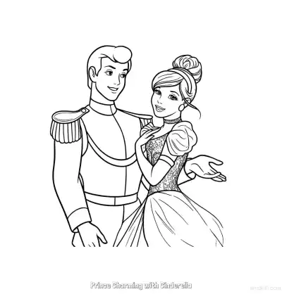 Free printable Prince Charming and Cinderella Standing Side by Side Coloring Page coloring page