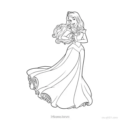 Free printable Princess Aurora Holding a Rose Twirling in the Wind Coloring Page coloring page