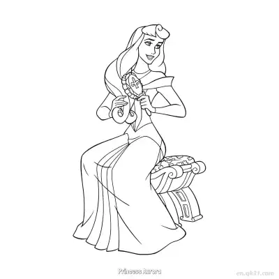 Free printable Princess Aurora Brushing Her Hair with a Mirror Coloring Page coloring page