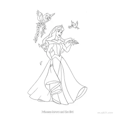 Free printable Princess Aurora with Birds and Flowers Coloring Page coloring page