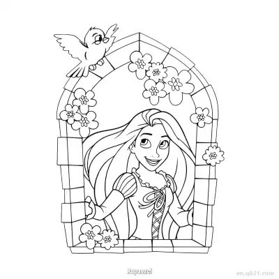 Free printable Rapunzel by Window with Bird Coloring Page coloring page