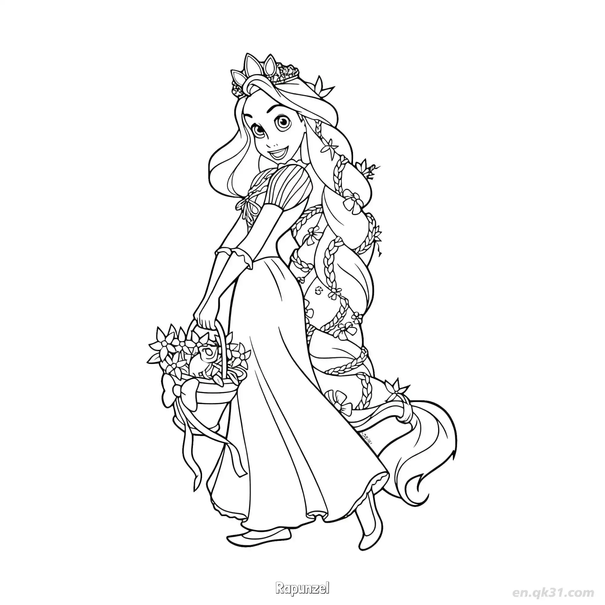 Rapunzel with Flower Crown and Basket Coloring Page – Free Printable Coloring Page for Kids and Adults