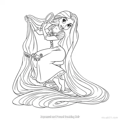 Free printable Rapunzel and Pascal Combing Hair Coloring Page coloring page