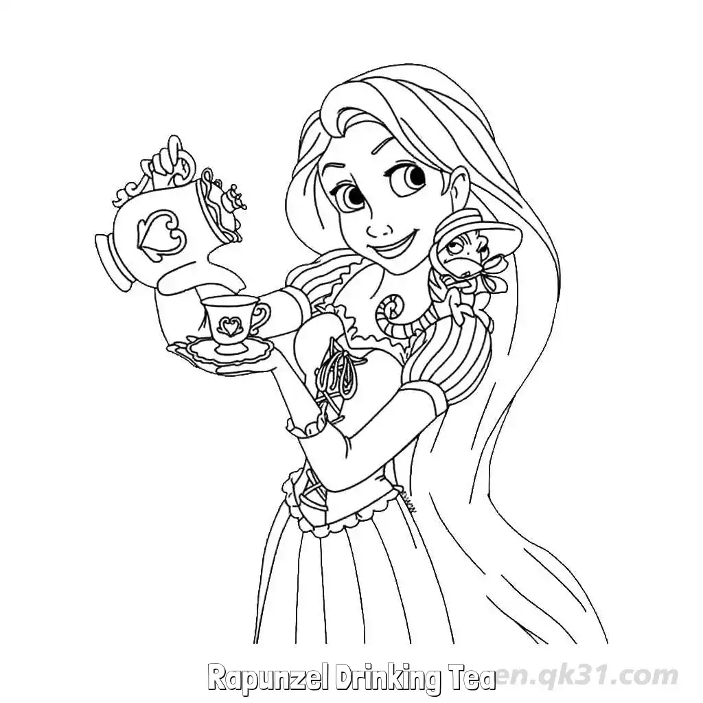 Rapunzel Drinking Tea with Pascal Coloring Page – Free Printable Coloring Page for Kids and Adults