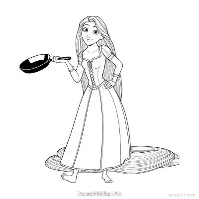 Free printable Rapunzel Holding a Frying Pan Confidently Coloring Page coloring page