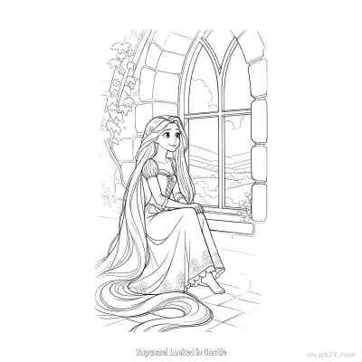 Free printable Rapunzel Locked in Castle Looking Out Window Coloring Page coloring page
