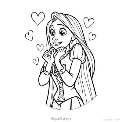 Free printable Rapunzel in Love with Hearts Coloring Page coloring page