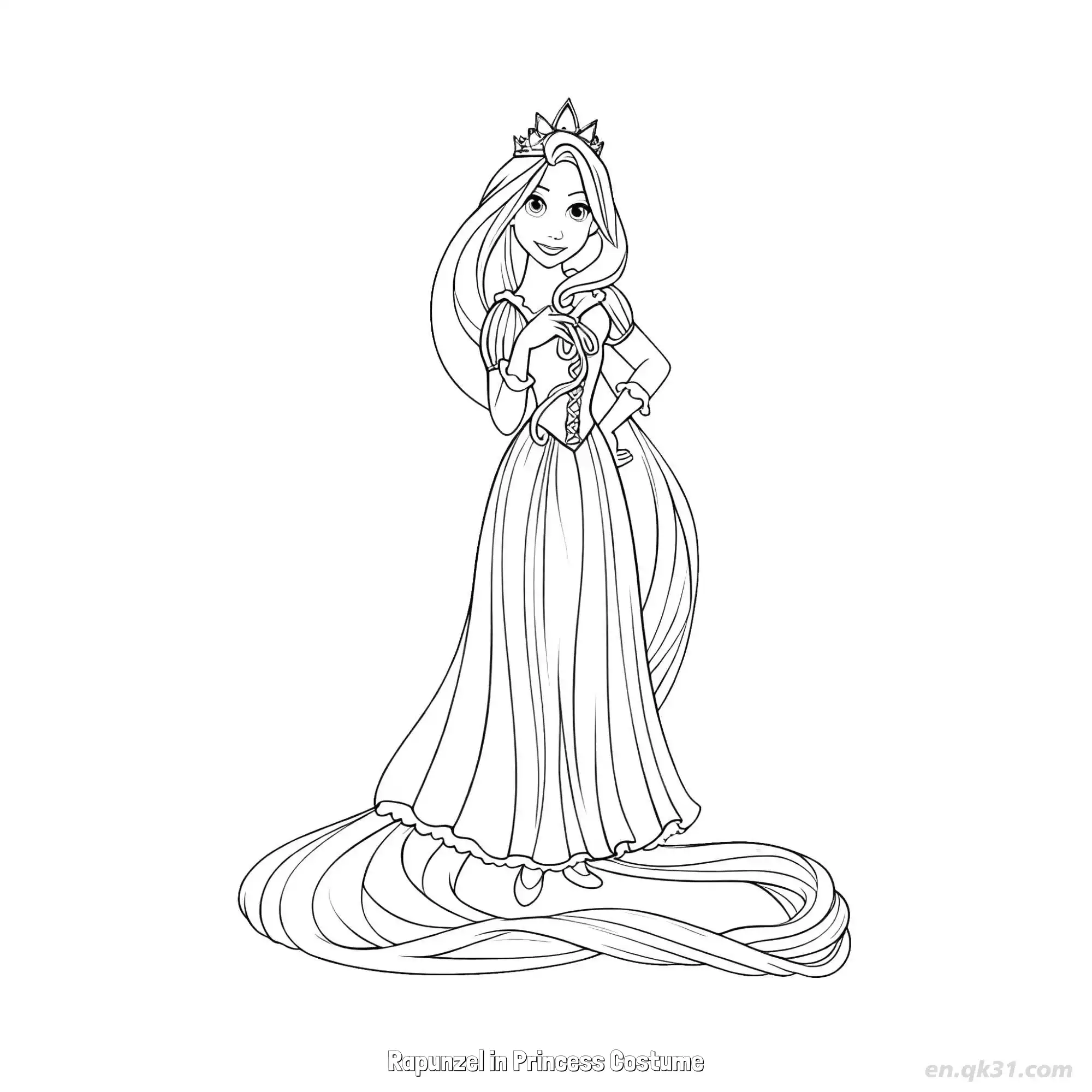 Rapunzel in Princess Costume with Crown Coloring Page – Free Printable Coloring Page for Kids and Adults
