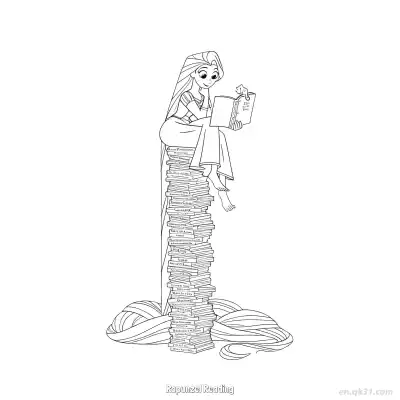 Free printable Rapunzel Sitting on a Tall Stack of Books Reading Coloring Page coloring page