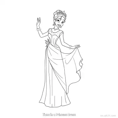 Free printable Tiana in a Princess Dress 1 Coloring Page - Free Printable Disney The Princess And The Frog PDFS Coloring Sheets coloring page