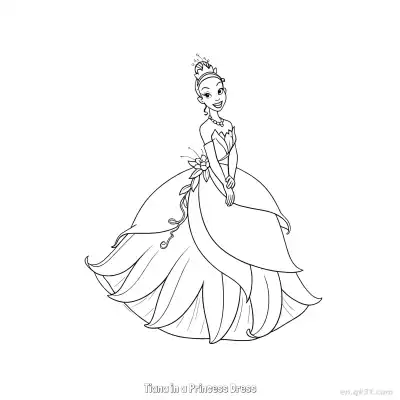 Free printable Tiana in a Princess Dress 3 Coloring Page - Free Printable Disney The Princess And The Frog PDFS Coloring Sheets coloring page