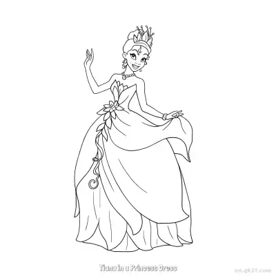 Free printable Tiana in a Princess Dress 6 Coloring Page - Free Printable Disney The Princess And The Frog PDFS Coloring Sheets coloring page