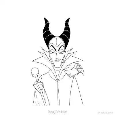 Free printable Maleficent with Staff and Raven Coloring Page coloring page