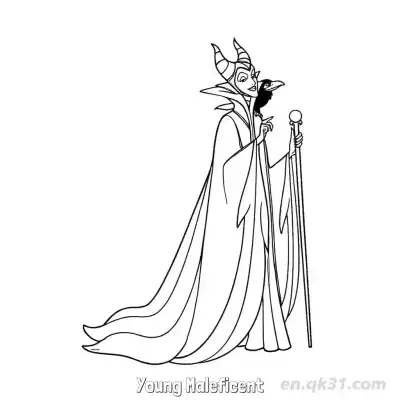 Free printable Full Body Maleficent with Staff and Raven Coloring Page coloring page