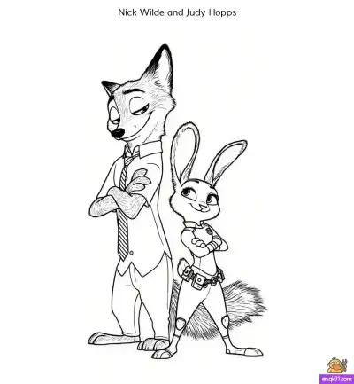 Free printable Zootopia Coloring Page – Nick Wilde and Judy Hopps Team Duo coloring page
