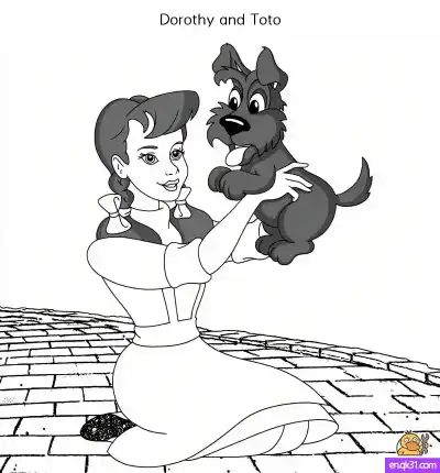 Free printable Dorothy and Toto Coloring Page on the Yellow Brick Road coloring page