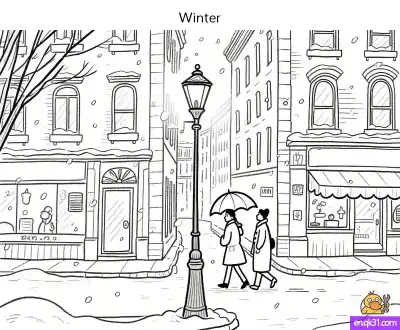 Free printable Snowy City Street Coloring Page: A Romantic Winter Walk coloring page