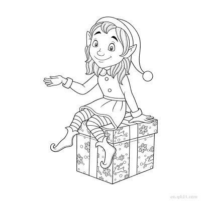 Free printable Elf Sitting on Gift Box Coloring Page coloring page