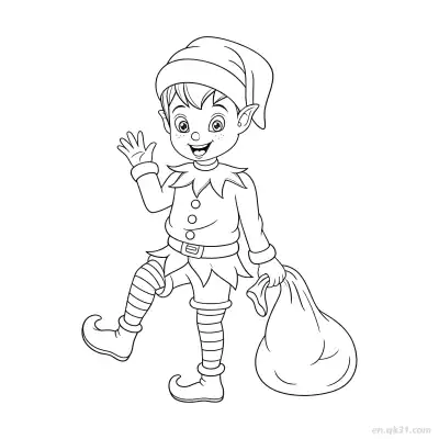 Free printable Elf Waving with Gift Sack Coloring Page coloring page