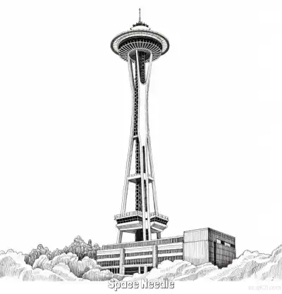 Free printable Space Needle  Coloring Page - Free Printable Famous attractions in the United States PDF Coloring Sheets coloring page
