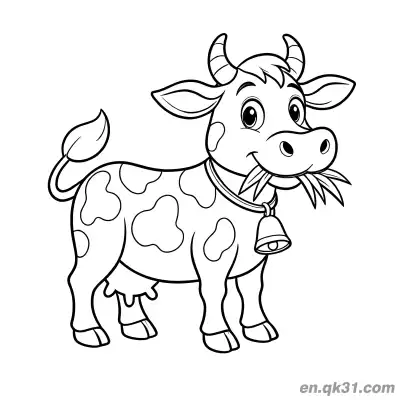 Free printable Cow with Bell Eating Grass Coloring Page coloring page