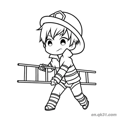 Free printable Young Firefighter Carrying Ladder Illustration coloring page