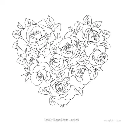 Free printable Heart-Shaped Rose Bouquet  Coloring Page - Free PDF Printable Rose Coloring Sheets coloring page
