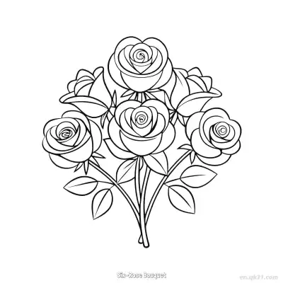 Free printable Six-Rose Bouquet  Coloring Page - Free PDF Printable Rose Coloring Sheets coloring page