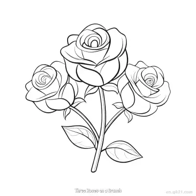 Free printable Three Roses on a Branch  Coloring Page - Free PDF Printable Rose Coloring Sheets coloring page