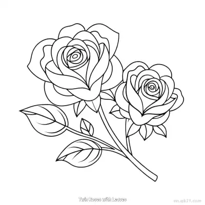 Free printable Twin Roses with Leaves  Coloring Page - Free PDF Printable Rose Coloring Sheets coloring page
