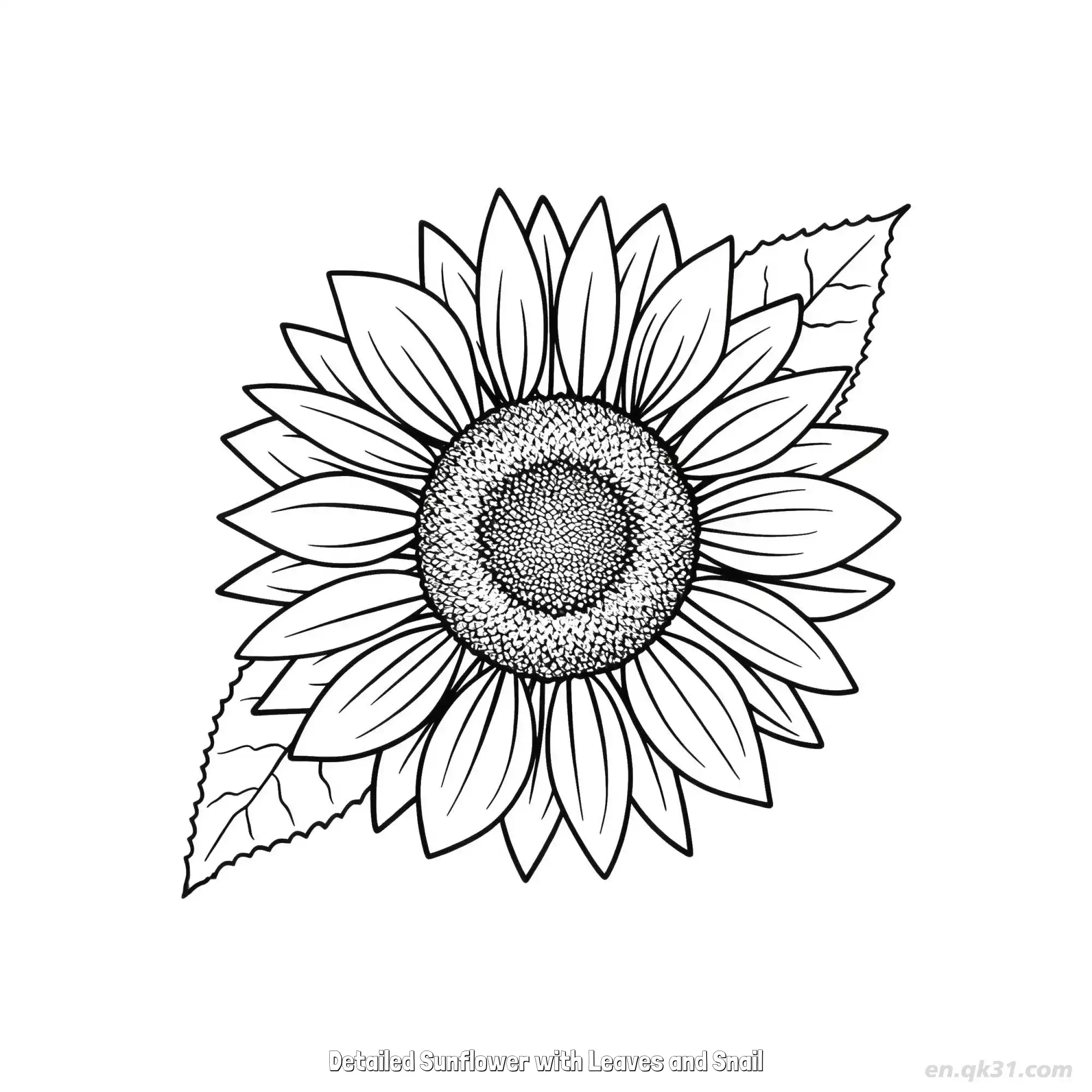 Detailed Sunflower with Leaves and Snail  Coloring Page - Free Printable Sunflower PDF Coloring Sheets – Free Printable Coloring Page for Kids and Adults