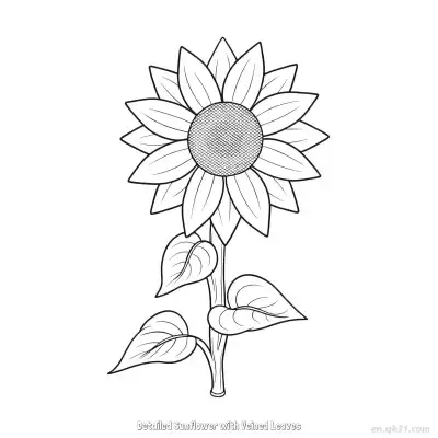 Free printable Detailed Sunflower with Veined Leaves  Coloring Page - Free PDF Printable Sunflower Coloring Sheets coloring page