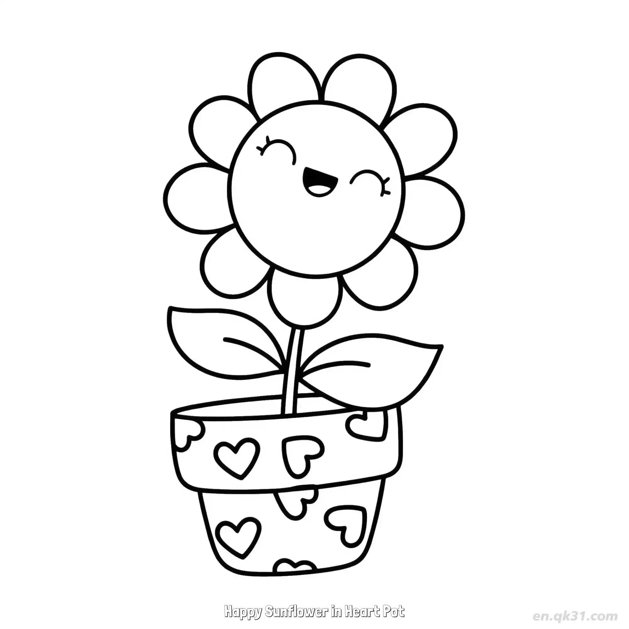Happy Sunflower in Heart Pot  Coloring Page - Free Printable Sunflower PDF Coloring Sheets – Free Printable Coloring Page for Kids and Adults