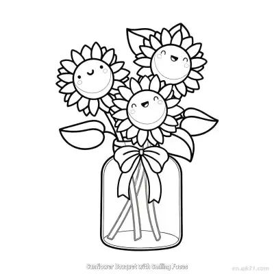 Free printable Sunflower Bouquet with Smiling Faces  Coloring Page - Free PDF Printable Sunflower Coloring Sheets coloring page