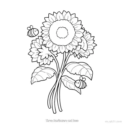 Free printable Three Sunflowers and Bees  Coloring Page - Free PDF Printable Sunflower Coloring Sheets coloring page
