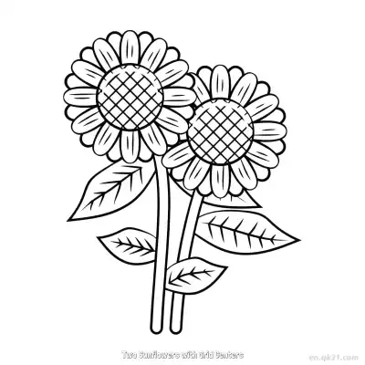 Free printable Two Sunflowers with Grid Centers  Coloring Page - Free PDF Printable Sunflower Coloring Sheets coloring page