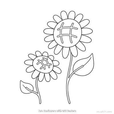 Free printable Two Sunflowers with Grid Centers  Coloring Page - Free PDF Printable Sunflower Coloring Sheets coloring page
