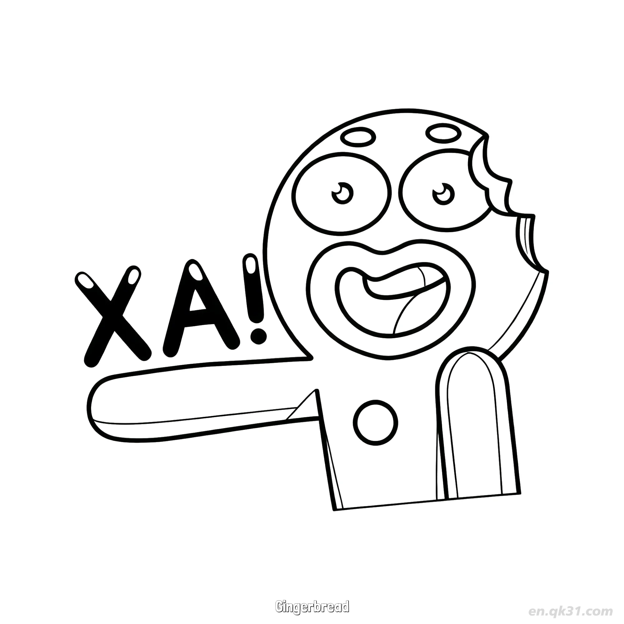 Bitten Gingerbread Man Pointing with Surprise Coloring Page – Free Printable Coloring Page for Kids and Adults