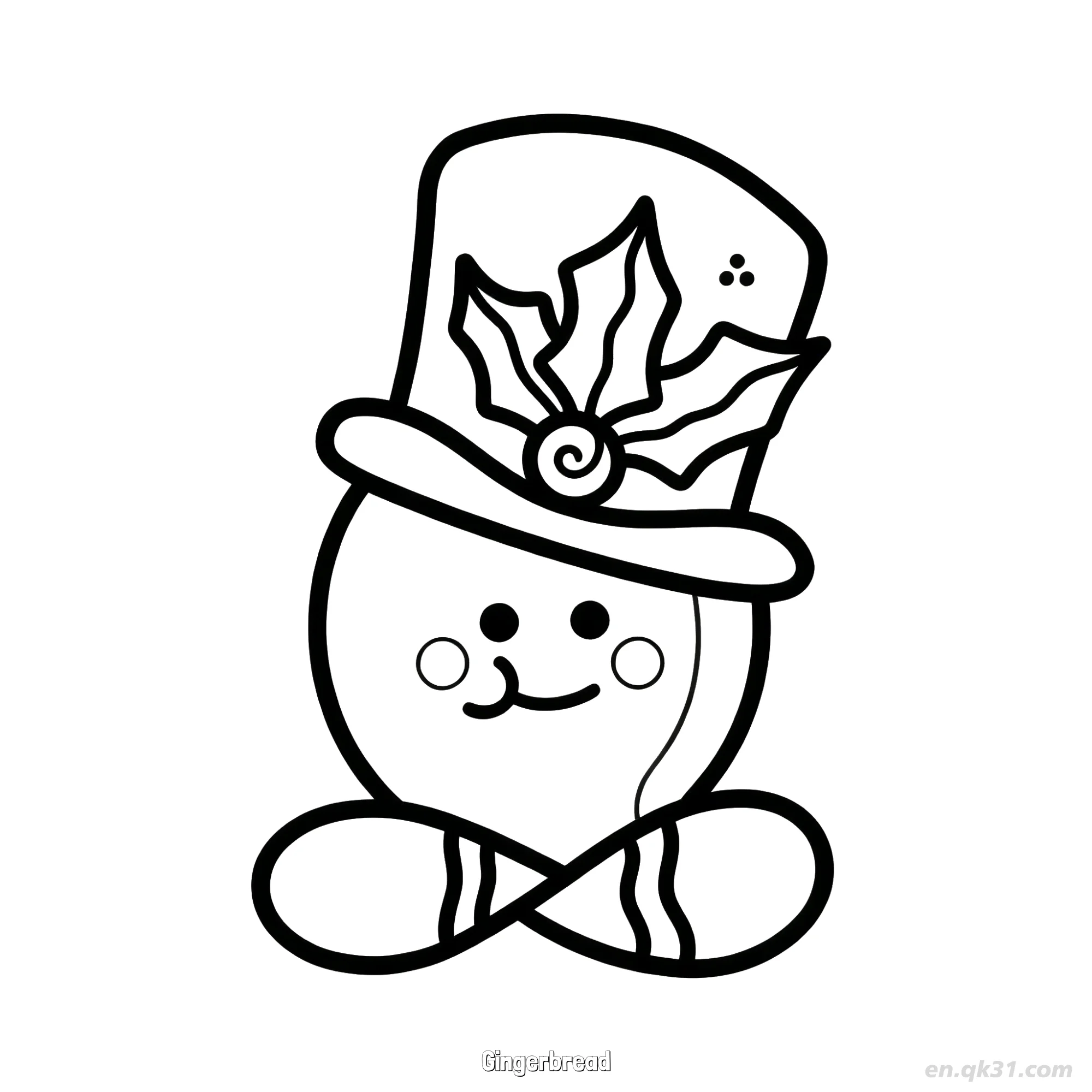 Festive Gingerbread Character with Top Hat and Holly Coloring Page – Free Printable Coloring Page for Kids and Adults