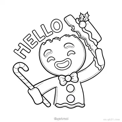Free printable Gingerbread Man Holding Candy Cane and Treat with Hello Sign coloring page