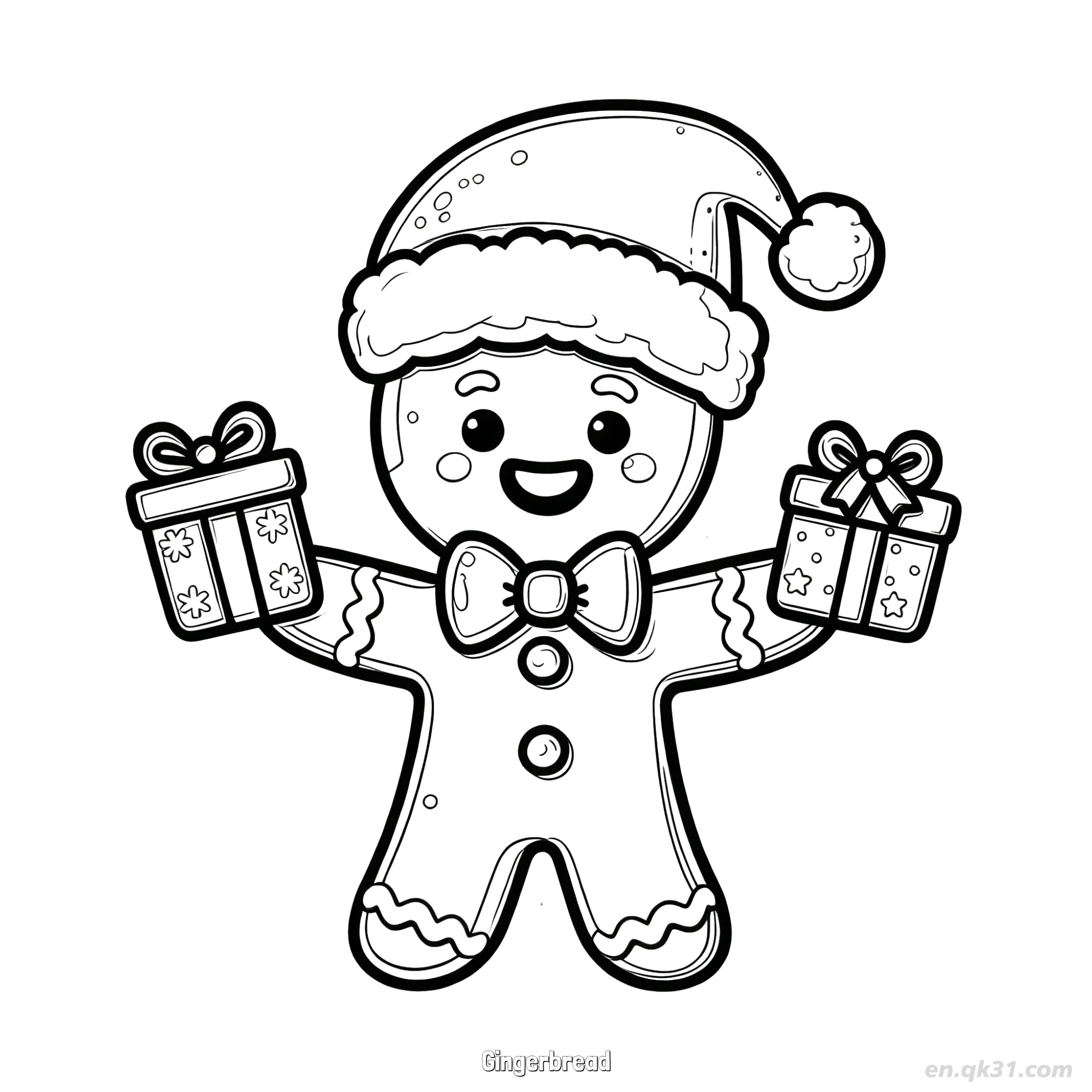 Gingerbread Man Holding Christmas Gift Boxes Coloring Page – Free Printable Coloring Page for Kids and Adults